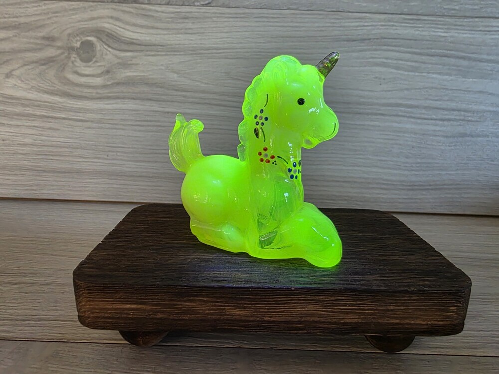Vtg Boyd's Uranium Vaseline Glass Hand Painted Floral Unicorn 3" Whimsical g16.6